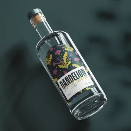 Bottle of gin using a dandelion pattern on the label.