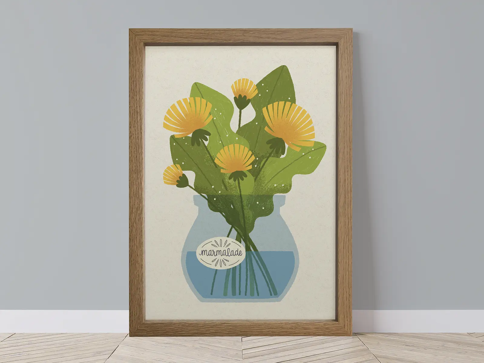 Framed art print featured an illustration of Dandelions in a marmalade jar.