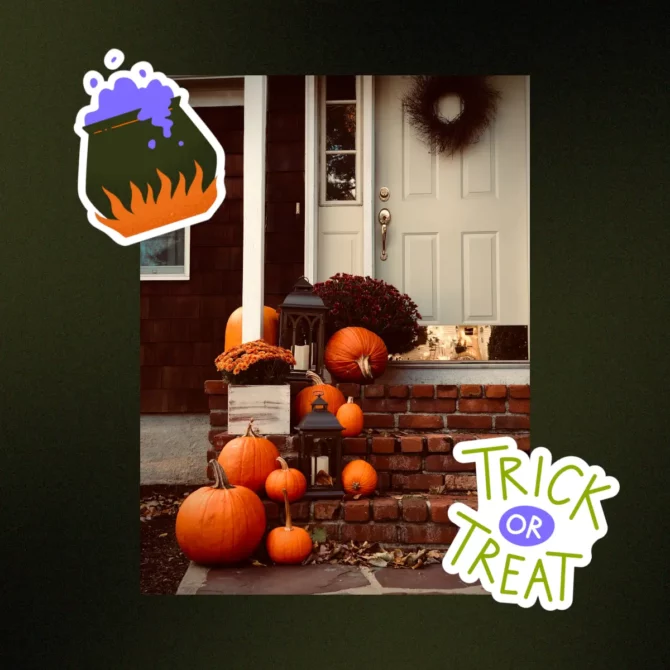 Giphy Halloween: Decorated front porch with stickers overlayed.