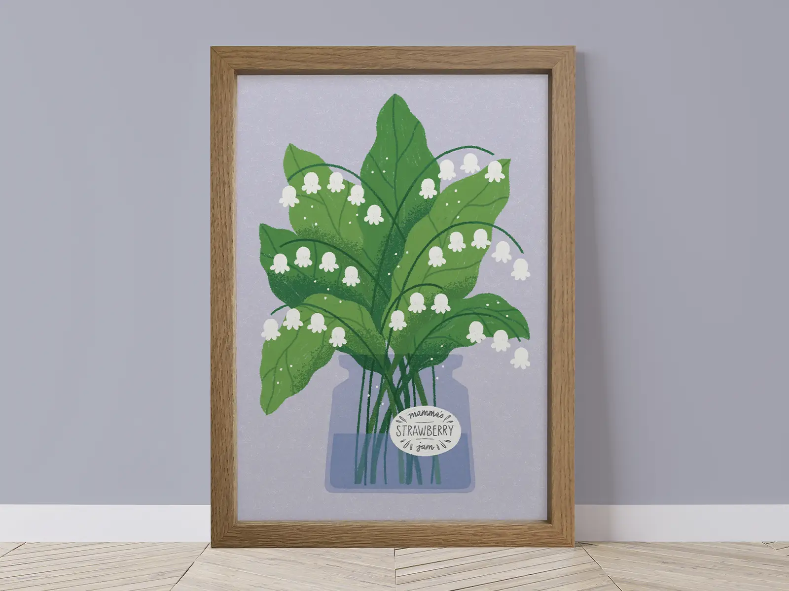 Framed art print featured an illustration of Lily of the Valley in a jam jar.