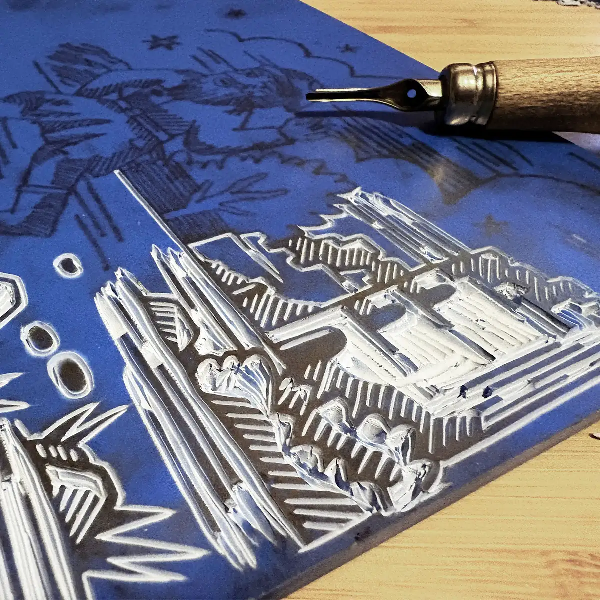 Redcap Grove lino carving - Clare Lewis