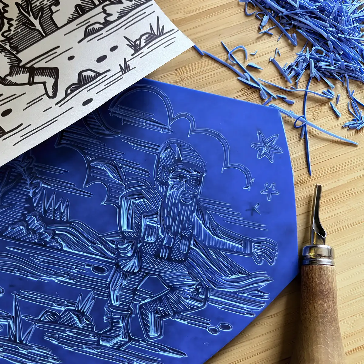 Redcap Grove lino carving - Clare Lewis