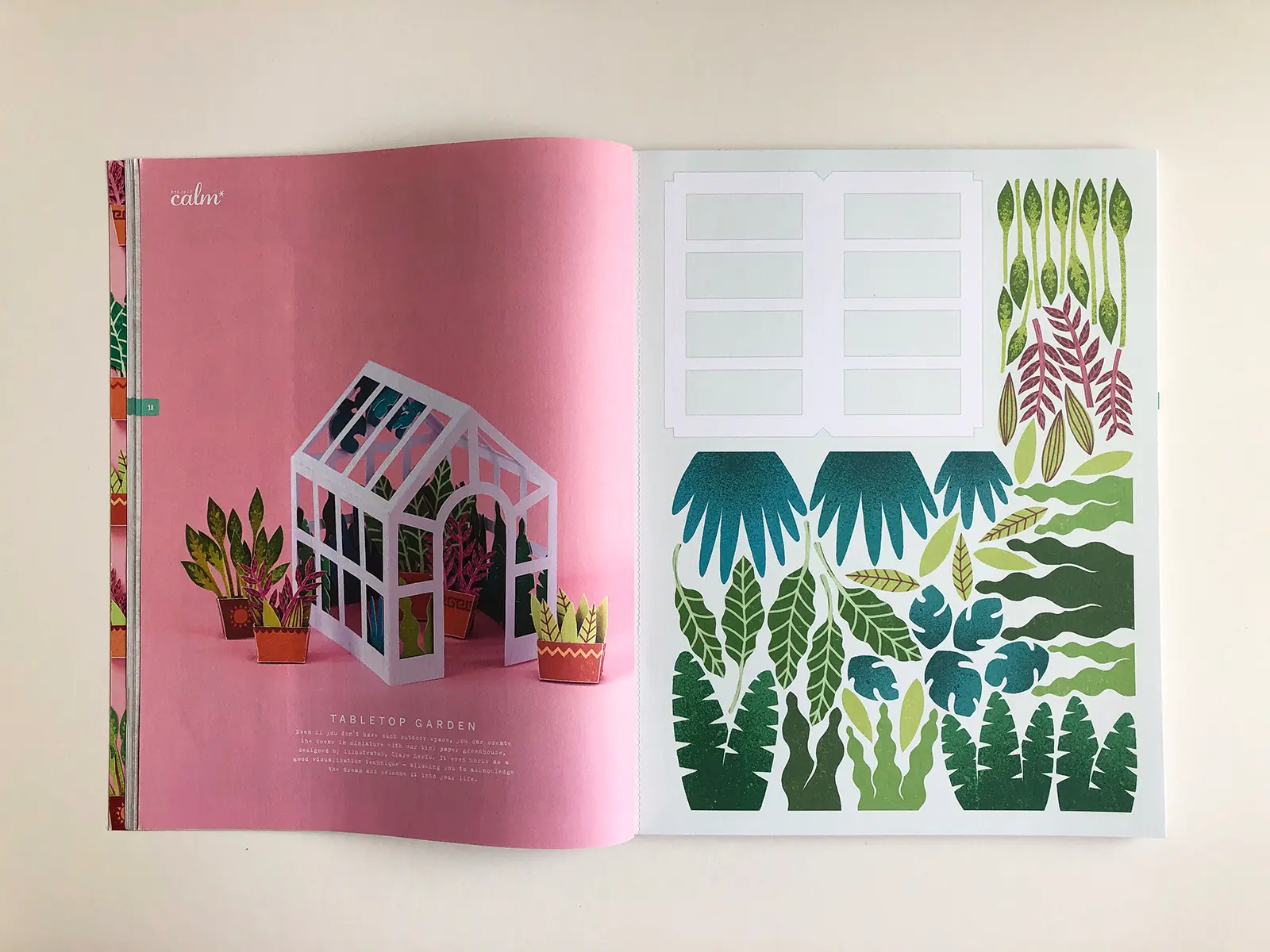 Project Calm: A spread showing the paper greenhouse before cutting out.