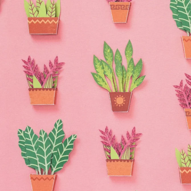 Project Calm: Pretty plants laid out in a pattern for end papers.