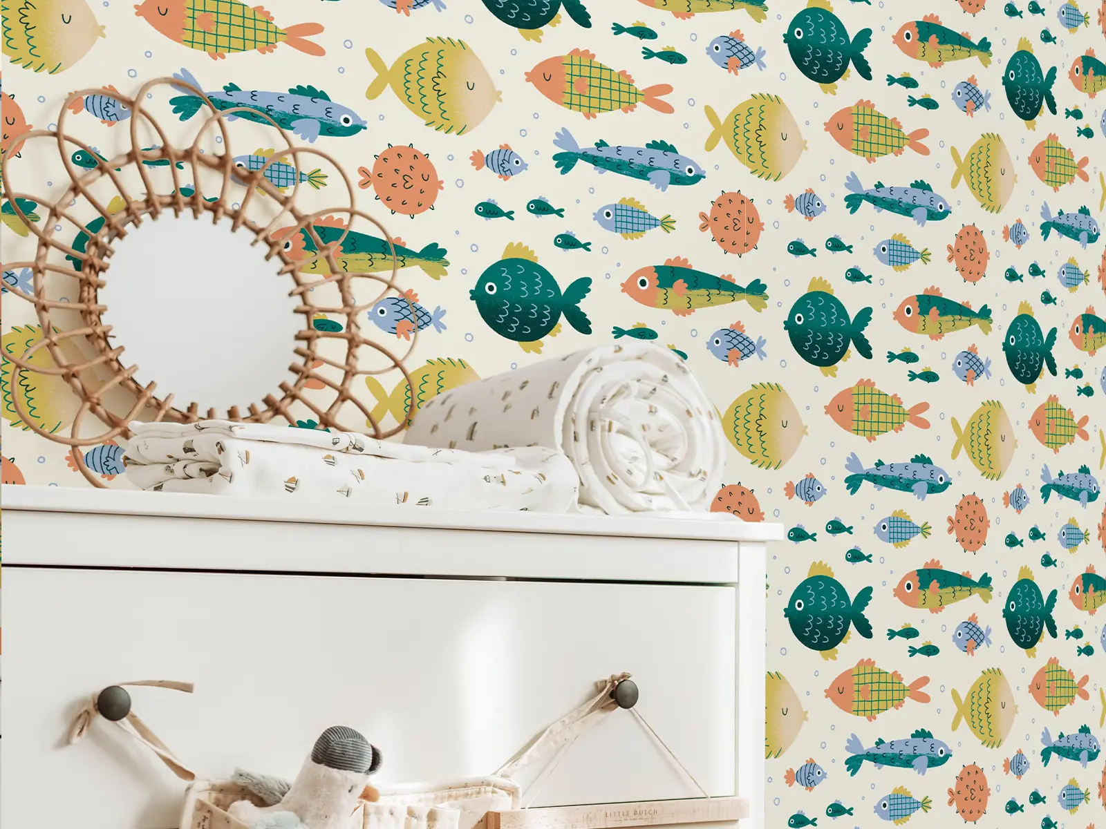 Nursery mockup using Quite the Catch as wallpaper