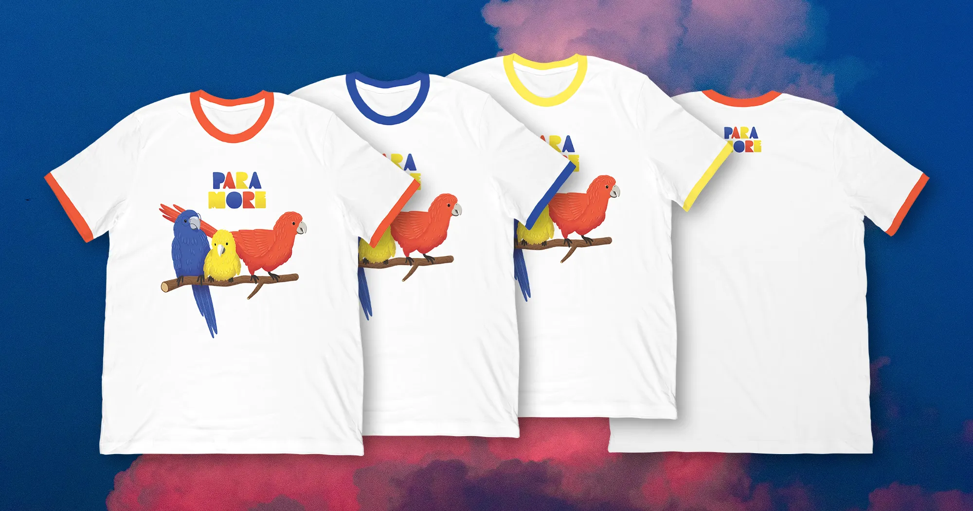 Paramore Impericon: T-shirts in a row featuring the parrots design.
