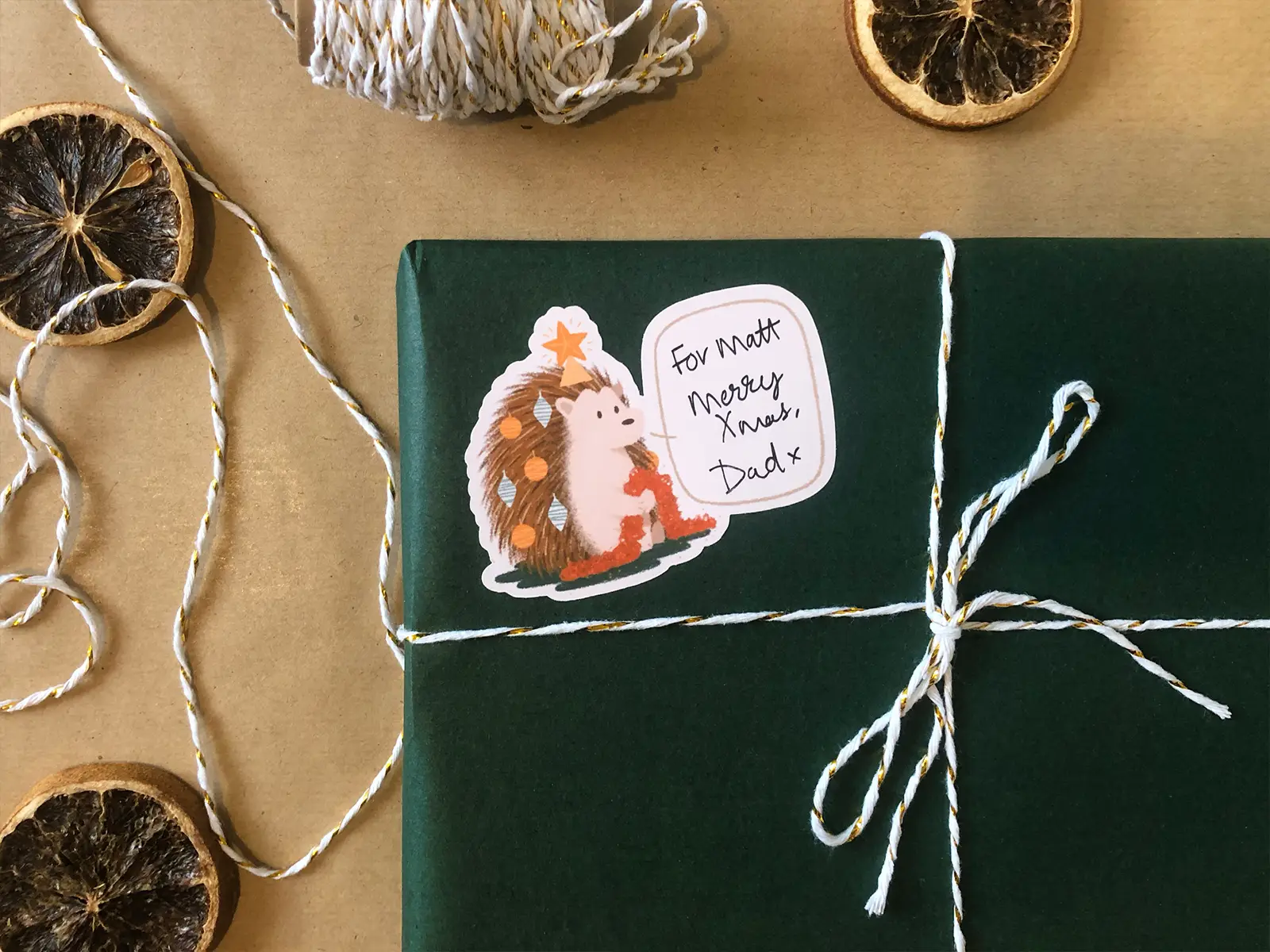 Gift using the festive hedgehog gift label